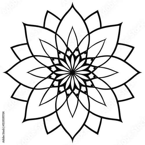 Petal Orbit Mandala. Circular mandala line art with orbiting petal forms .