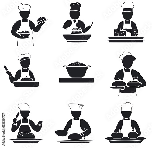 Diverse chefs preparing delicious dishes in a black and white silhouette style.