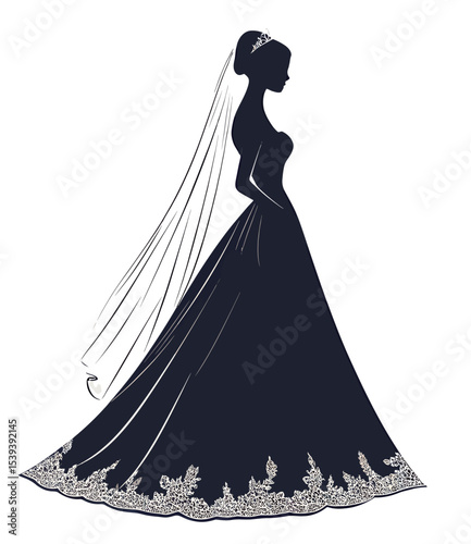 Elegant silhouette of a woman in a navy wedding dress with intricate lace details.