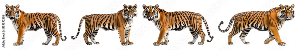 Obraz premium Four tigers displayed in different poses on a black backdrop featuring striped fur and distinctive markings