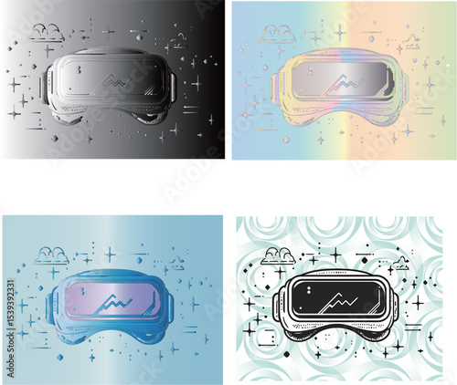 Stylized virtual reality headsets on colorful backgrounds, showcasing modern technology.