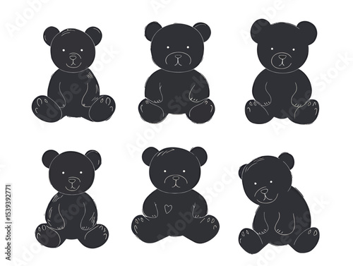 Cute black teddy bears in six playful poses on a white background.