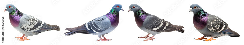 Fototapeta premium Four Isolated Pigeons Stand In A Row Against A Transparent Background Showcasing Their Vibrant Feathers And Detailed Features