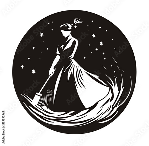 A woman in a flowing dress brushes the stars in a whimsical, dreamlike scene.