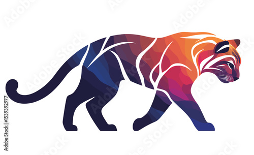 Vibrant tiger silhouette with colorful geometric patterns, showcasing elegance and strength.