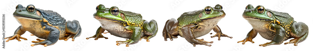 Obraz premium Four Green And Gray Bullfrogs Are Arranged Side By Side On A Transparent Background Facing Forward With Their Eyes Open