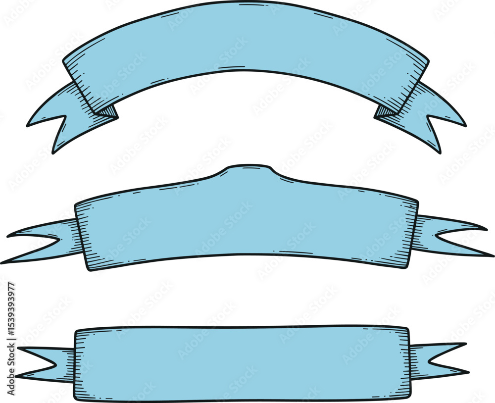 Ribbon vector illustration with space for text. Linear pastel blue drawing for branding and packaging in vintage style. Outline sketch of Scrolls for retro menu headers and titles.
