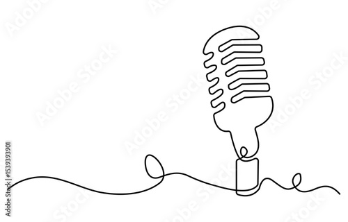 Continuous one line drawing of headphone speaker and microphone. Single line drawing illustration of Microphone and headphone template. Podcast concept vector art. Doodle line illustration.