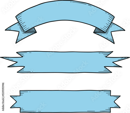 Ribbon vector illustration with space for text. Linear pastel blue drawing for branding and packaging in vintage style. Outline sketch of Scrolls for retro menu headers and titles.