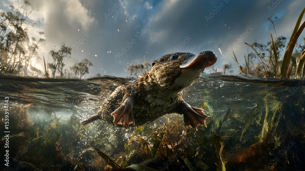 Fototapeta premium Swimming Platypus in Natural Habitat Half Underwater View