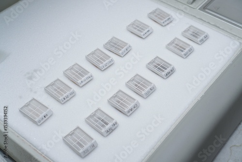 Paraffin blocks containing biopsy tissue for sectioning on a cold plate. Pathology laboratory. Cancer diagnosis.