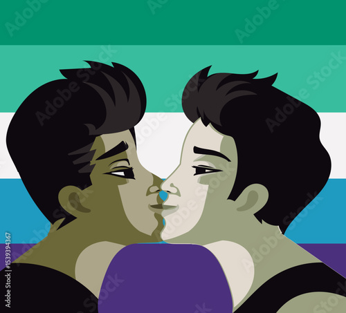 romantic men couple with lgbt gay pride flag
