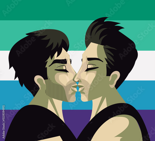 romantic men couple with lgbt gay pride flag