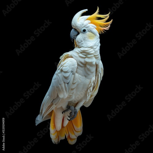 Majestic Sulphur-crested Cockatoo perched against a black background showcasing its vibrant yellow crest and pristine white plumage.