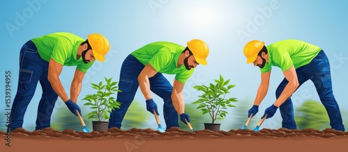 Dedicated team planting trees for a greener future in vibrant illustration
