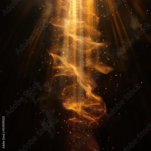 Golden Dust Particles Floating in Dark Background Abstract Art Light Beams Sparkle Swirling