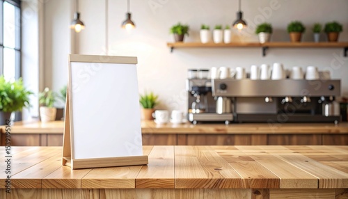 Blank small sign on wooden cafe counter