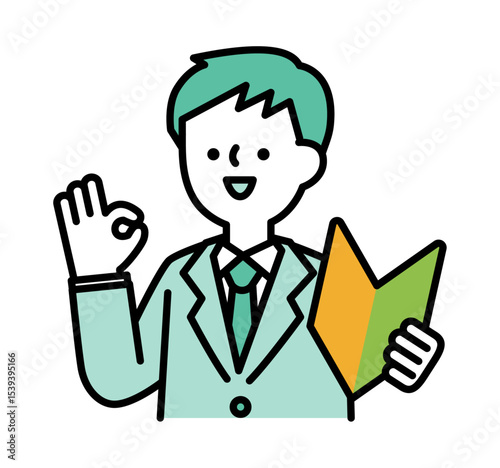 初心者マークを持ってポジティブなポーズをとる笑顔のビジネスパーソンの男性のベクターイラスト