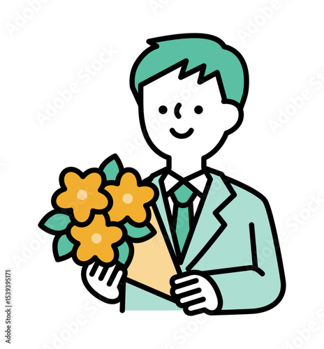花束を持っている笑顔のスーツの男性のベクターイラスト