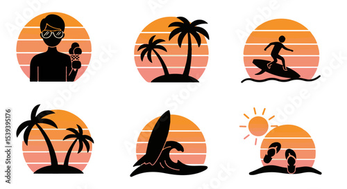 Summer Vacation Icons: Retro Sunset Beach Scenes featuring Surfing, Palm Trees, Ice Cream, and Relaxation