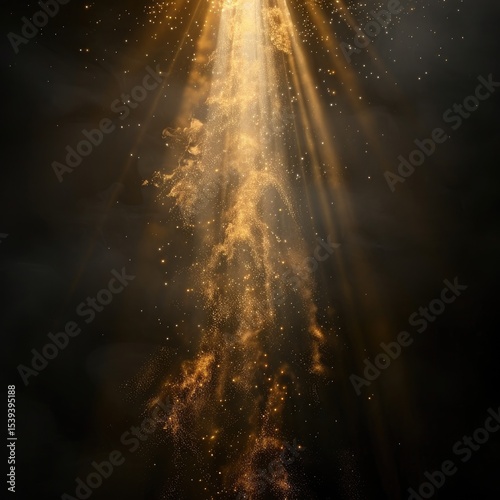 Golden Light Rays Burst Through Dark Space with Sparkling Dust Particles creating a Celestial Event Background