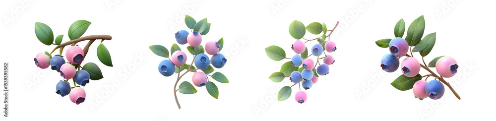 Obraz premium set of Vibrant illustration of blueberry branches with pink and blue berries. isolated on transparent background
