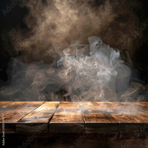 Rustic Wooden Tabletop with Smoky Atmosphere Background Ideal for Food Product Displays or Mysterious Concepts