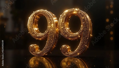 Golden Number 99: A 3D Render of Elegant Numerals. With black glowing background