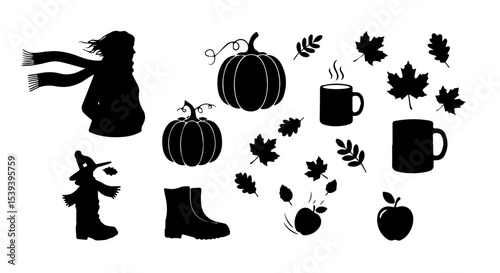 Autumn Harvest Silhouette Collection: Pumpkins Apples Leaves Fall Boots Cozy Mug Scarecrow Woman Wind
