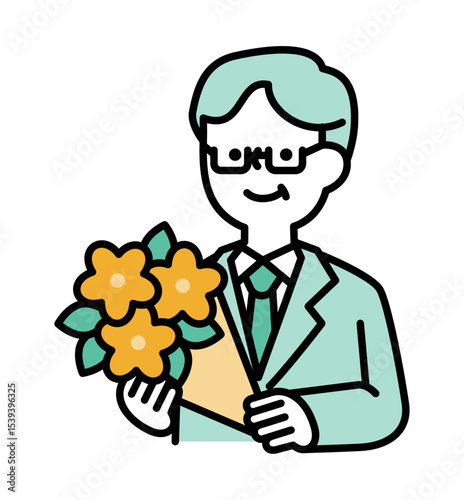 花束を持っている笑顔のスーツのシニア世代男性のベクターイラスト
