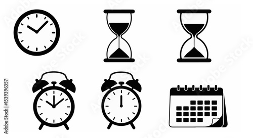 Time management icons set including clock alarm hourglass calendar schedule planning organization