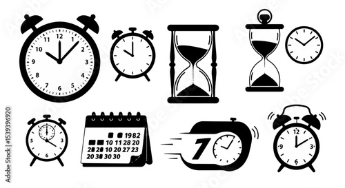 Time management icons set including clocks hourglasses calendar perfect for business planning projects