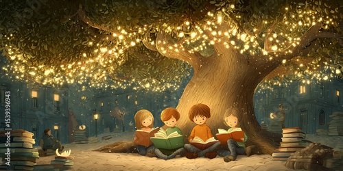 Enchanted Forest Children Reading Under Illuminated Tree Magical Fantasy Art Whimsical Digital Painting Book Childrens Literature