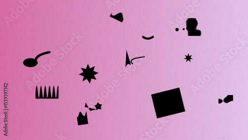 Abstract Pink Background with Scattered Black Geometric and Organic Shapes