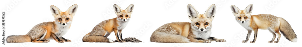 Fototapeta premium Four Fennec Foxes Posing In Different Positions Against A Transparent Background Isolated For Design Use