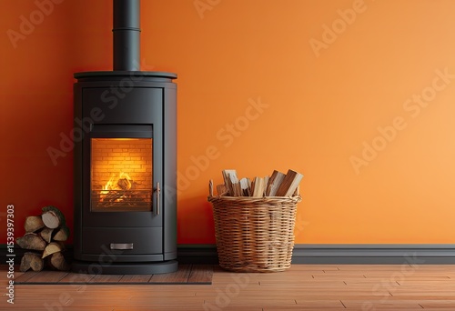 Modern black wood-burning stove in orange room