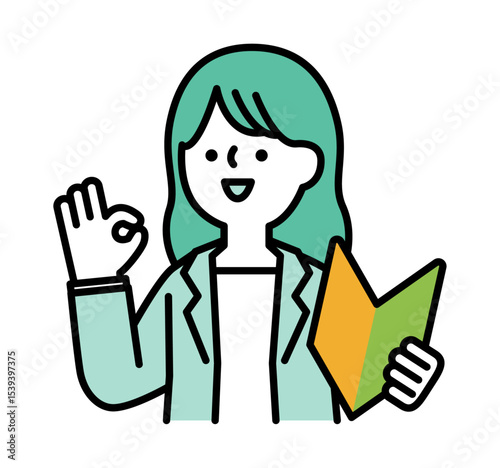 初心者マークを持ってポジティブなポーズをとる笑顔のビジネスパーソンの女性のベクターイラスト