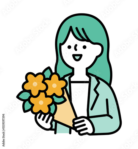 花束を持っている笑顔のスーツの女性のベクターイラスト