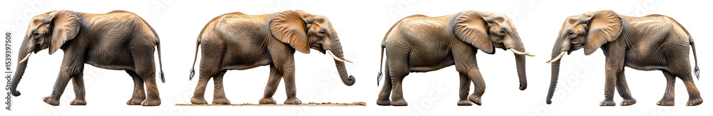 Fototapeta premium Four Isolated Elephants In Side View Standing In A Row On A Transparent Background For Graphic Design Walking African Elephant