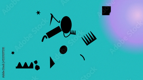 Abstract Teal Background with Scattered Black Geometric Shapes and Stars
