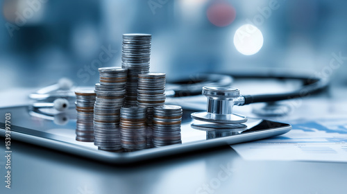Stacks of coins on digital tablet with stethoscope symbolize intersection of healthcare and technology investment, highlighting financial growth and innovation in medical field