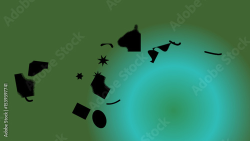 Abstract Composition of Scattered Black Shapes on a Teal and Olive Green Gradient Background