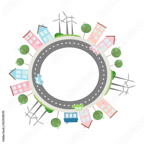 Eco Friendly City with Wind Turbines and Cars on Circular Road Vector Illustration