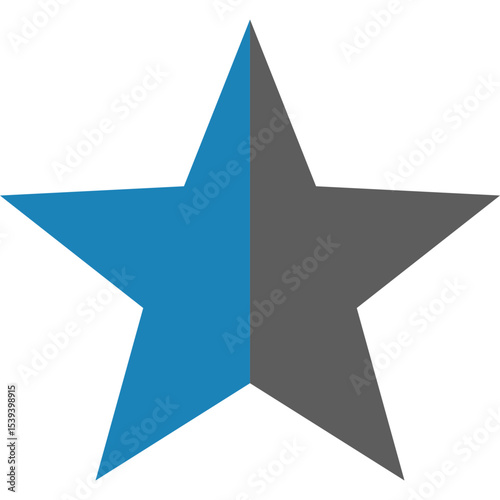 A five pointed star split vertically with blue on the left and gray on the right side shape