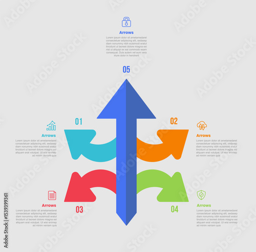 arrow shape infographic diagram with curve arrow line spreading all direction with 5 step for slide presentation