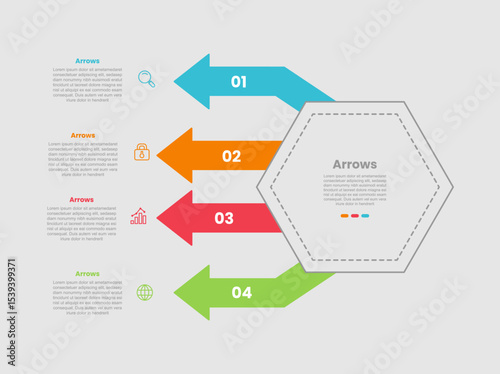 arrow shape infographic diagram with hexagon shape with arrow pointer on stacked list with 4 step for slide presentation