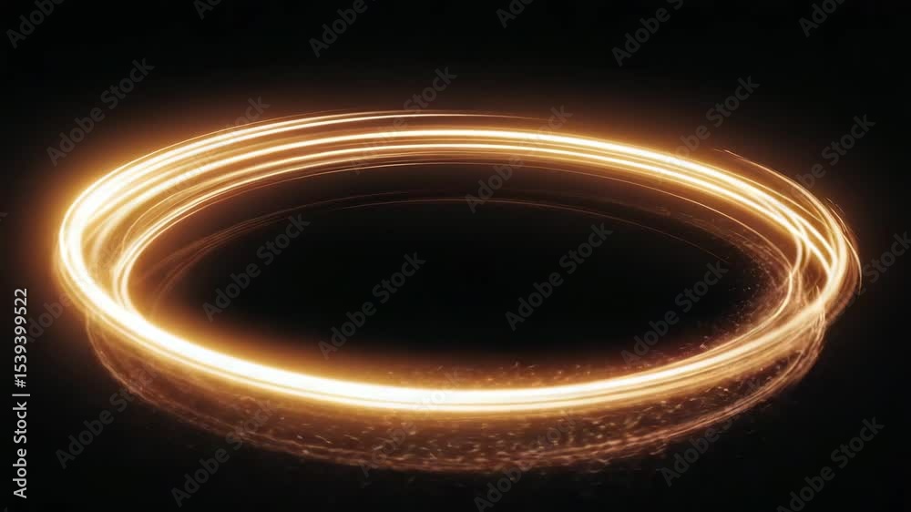 Glowing golden light trails form a dynamic circular motion, symbolizing energy flow, futuristic technology, and motion graphics.