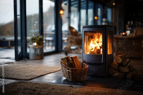 Cozy fireplace in a modern cabin. Large windows offer views of a snowy landscape