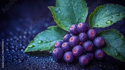 Close-up of dark purple berries with leaves.
