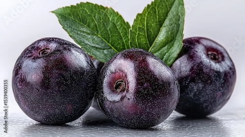 Close-up view of three dark plums with leaves.